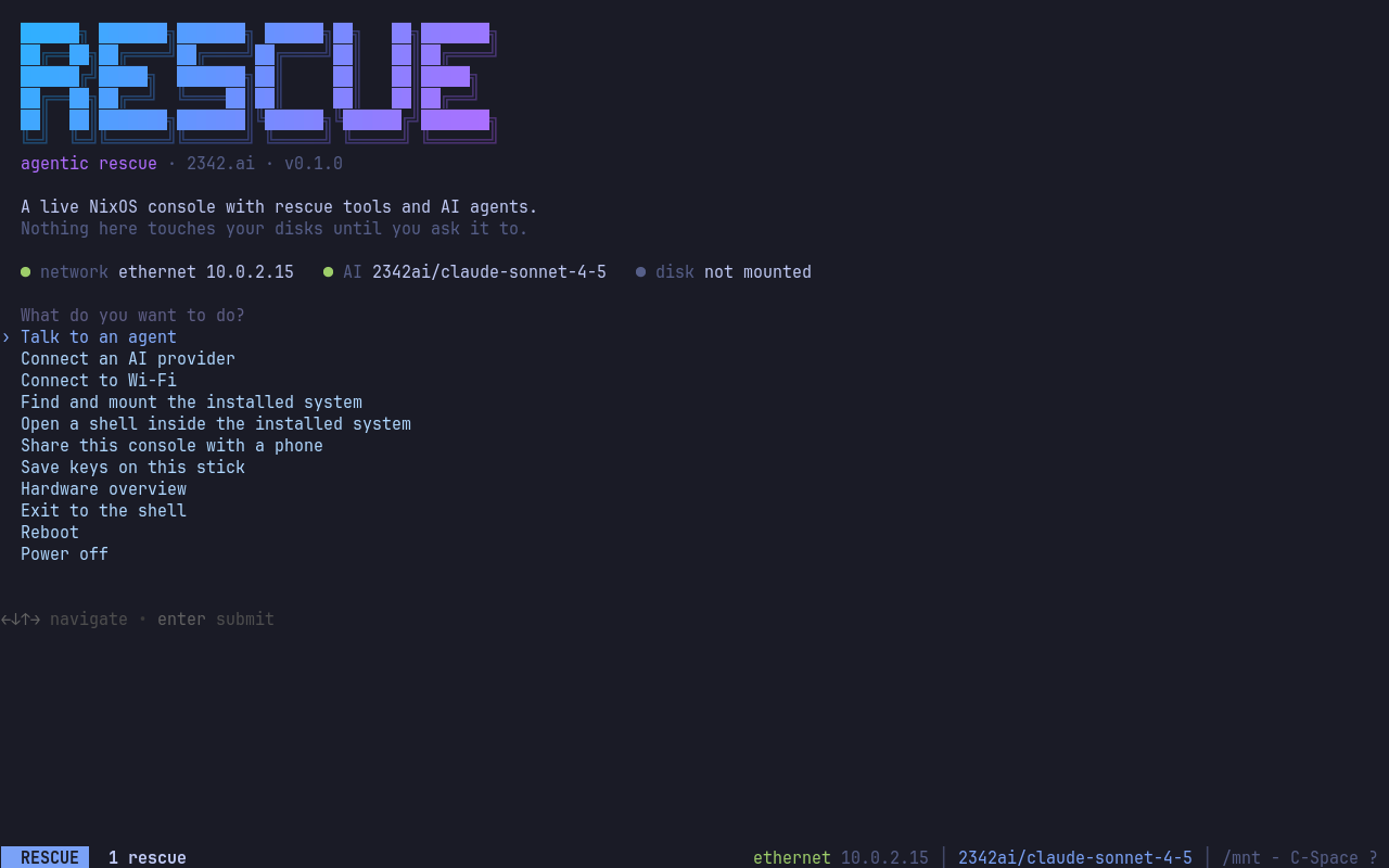 Agentic Rescue console showing the menu and network, provider and disk status