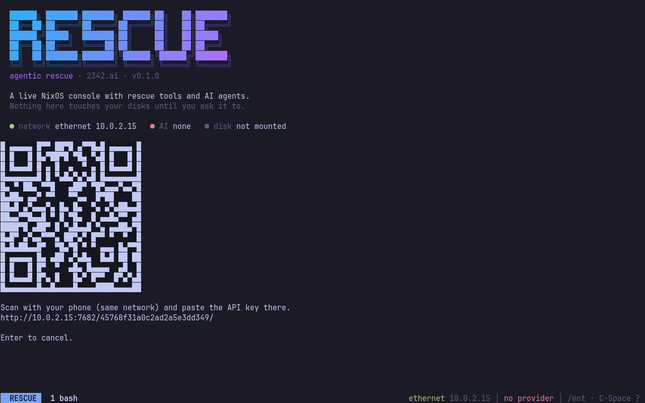 Agentic Rescue displaying a QR code for entering an API key from a phone
